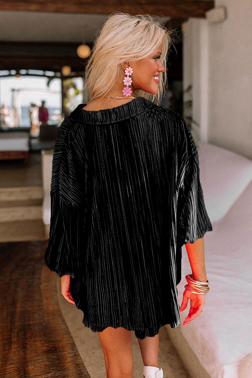 Black 3/4 Sleeve Pleated Plus Size Homewear Shorts Set