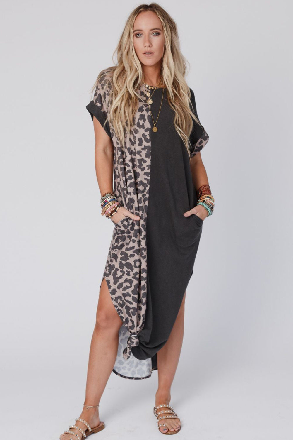 Multicolor Leopard Contrast Short Sleeve Plus Size T-shirt Dress