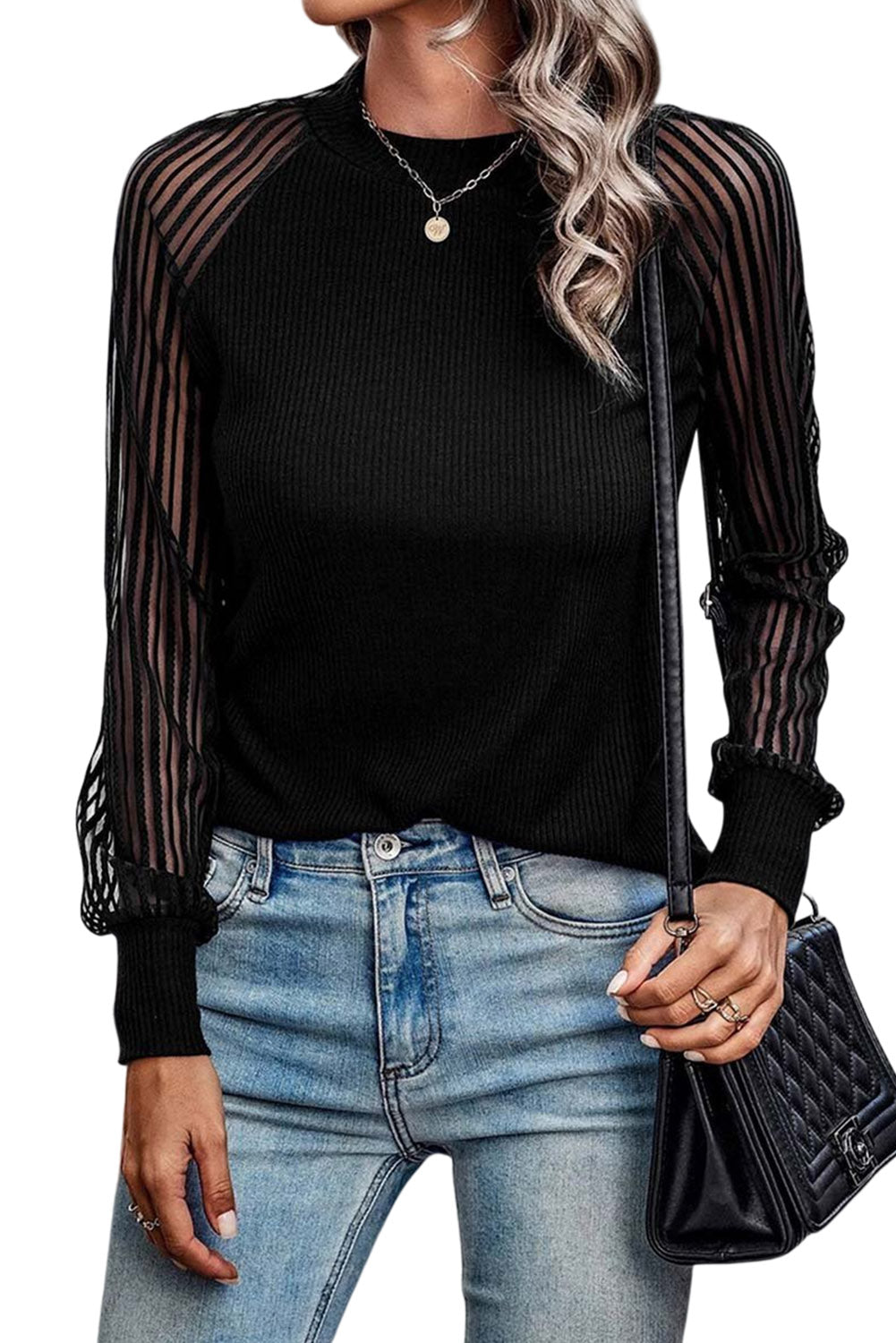 Black Ribbed Knit Sheer Striped Sleeve Plus Size Top