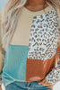 Khaki Ribbed Color Block Leopard Splicing Plus Size Top