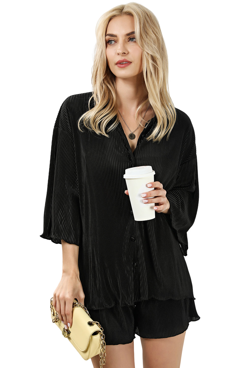 Black 3/4 Sleeve Pleated Plus Size Homewear Shorts Set