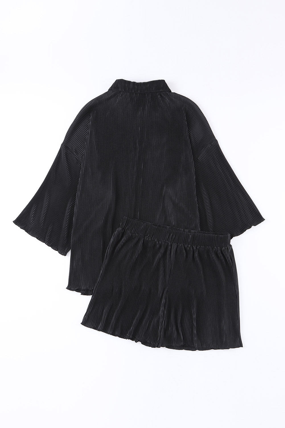 Black 3/4 Sleeve Pleated Plus Size Homewear Shorts Set