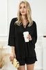 Black 3/4 Sleeve Pleated Plus Size Homewear Shorts Set