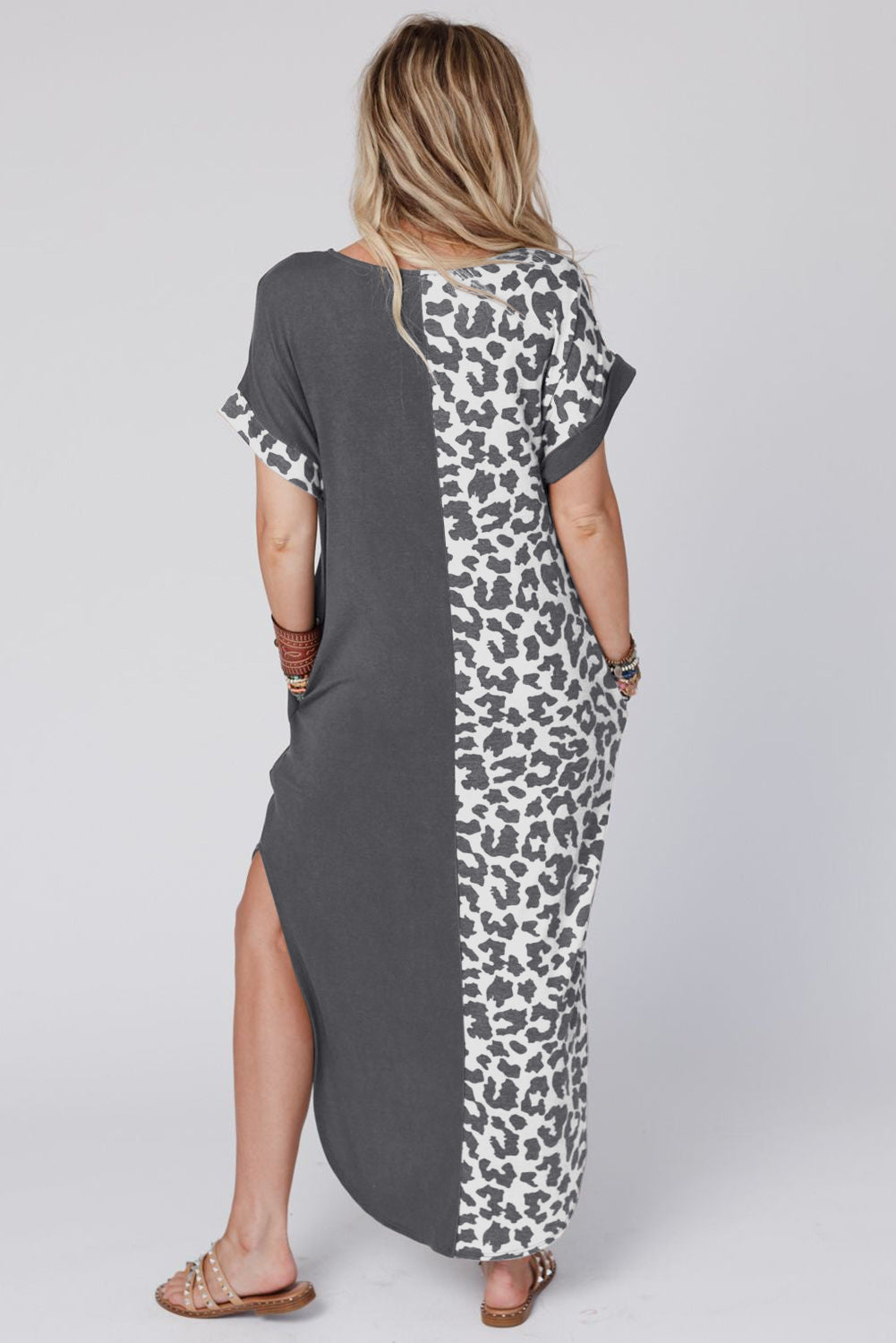 Multicolor Leopard Contrast Short Sleeve Plus Size T-shirt Dress