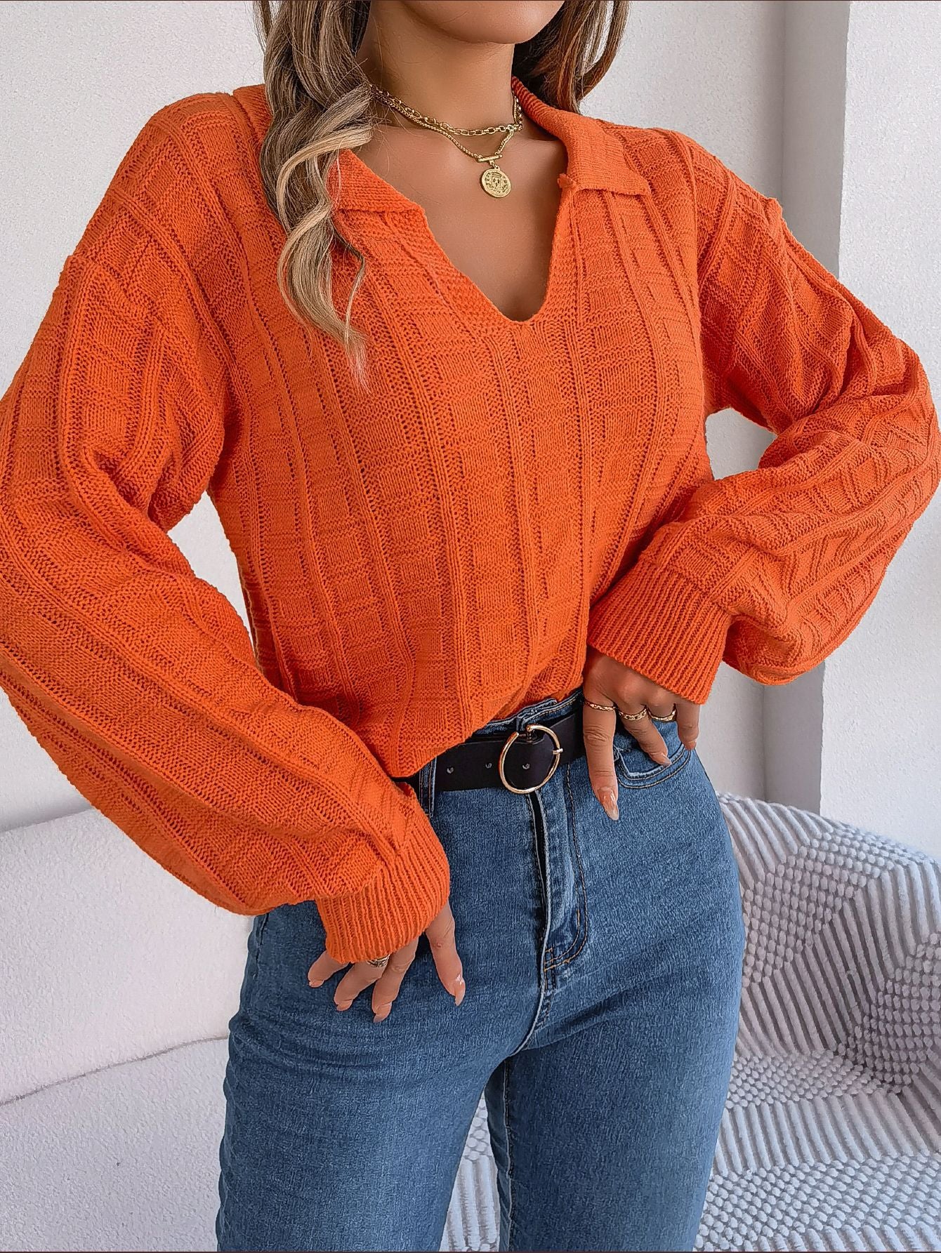 Casual Polo Collar Solid Color Long Sleeve Knitted Pullover Sweater