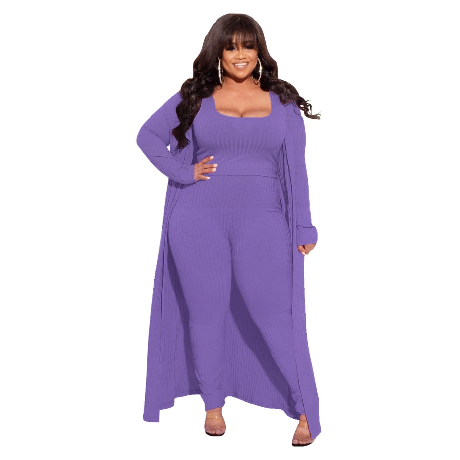 Plus Size Solid Color Three Piece Casual Set