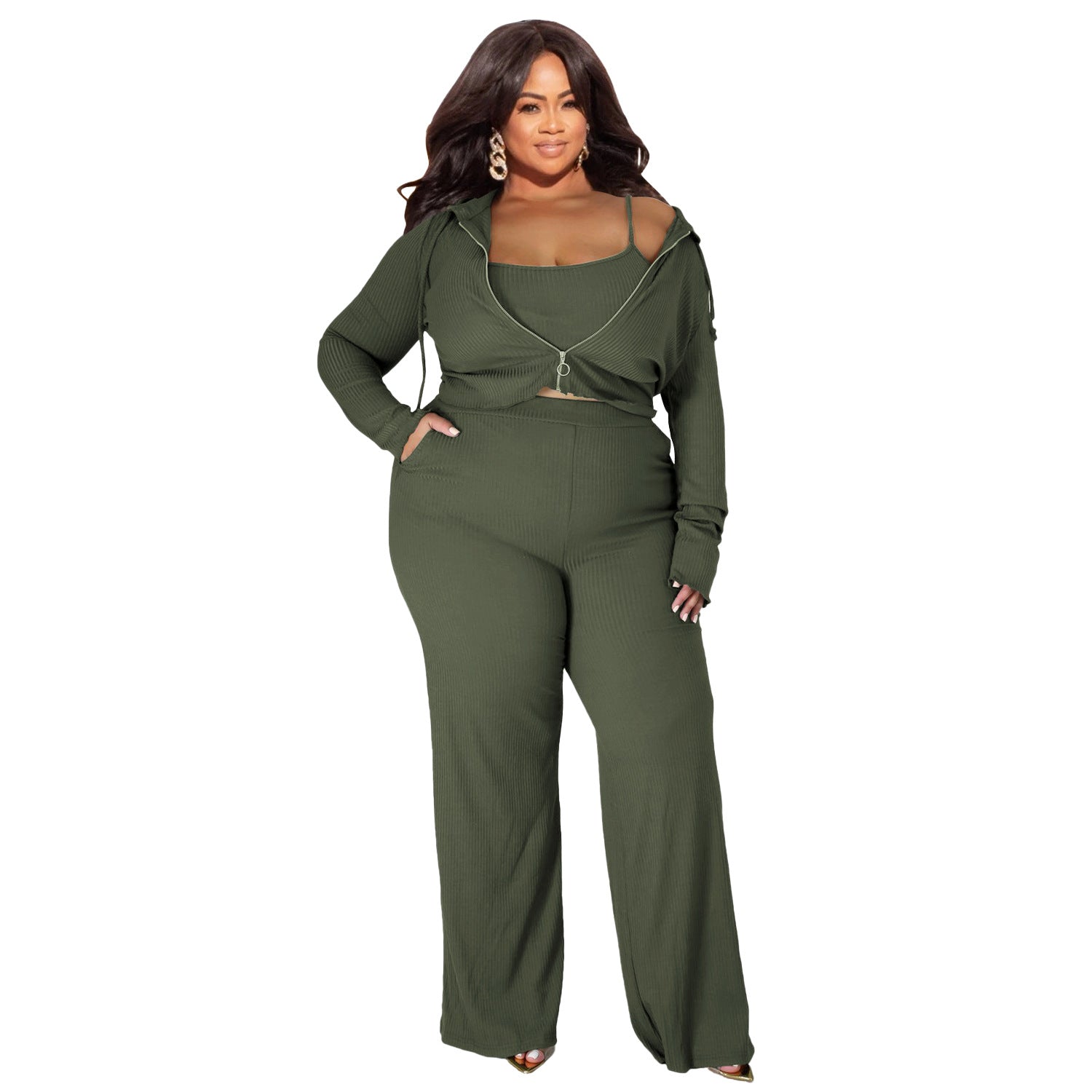 Plus Size Solid Color Three Piece Sporty Set