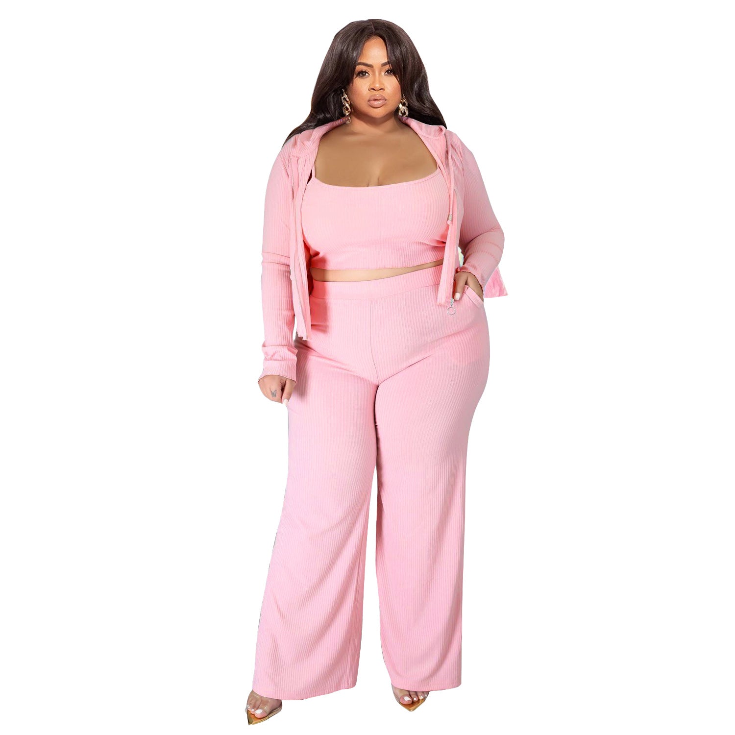 Plus Size Solid Color Three Piece Sporty Set