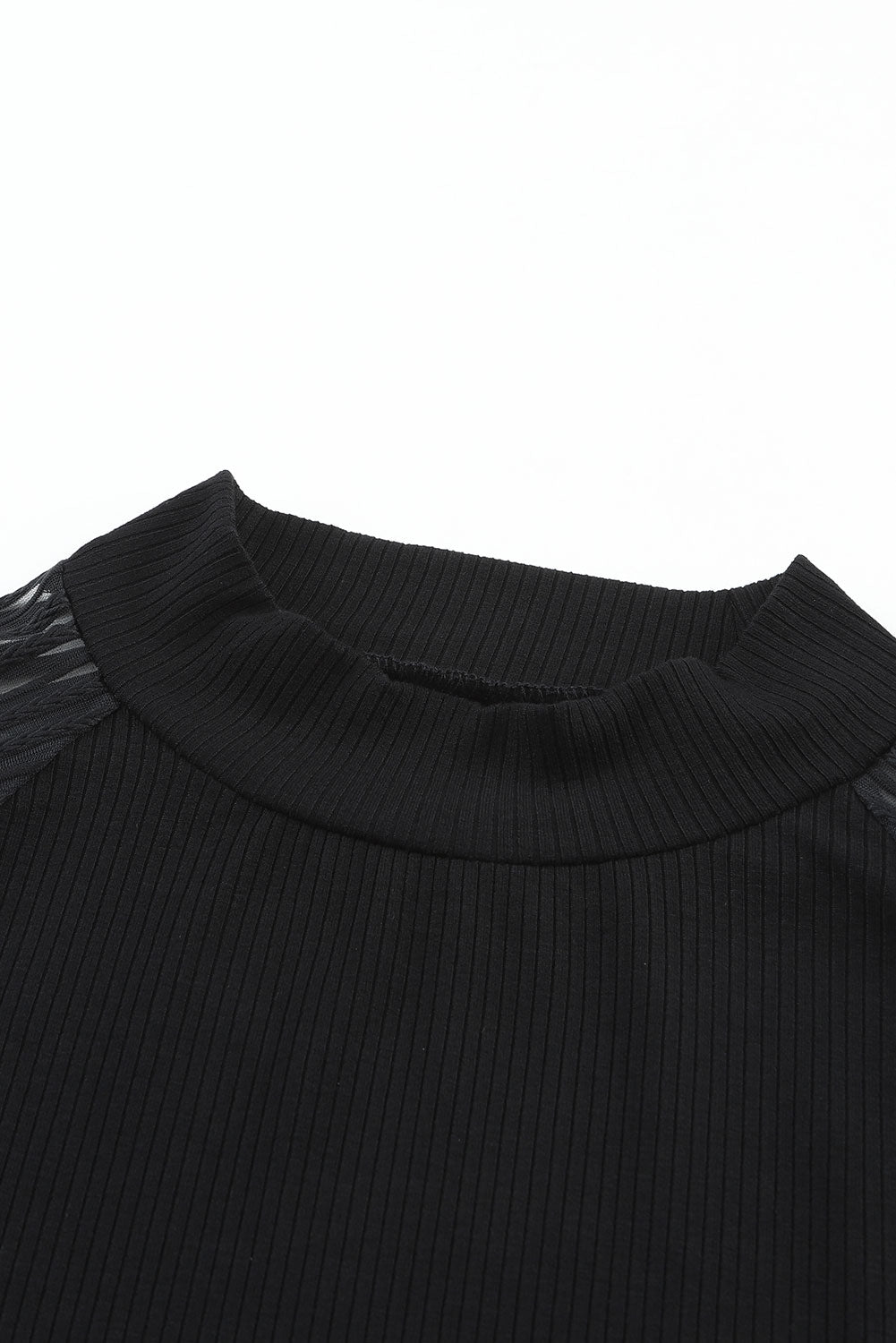 Black Ribbed Knit Sheer Striped Sleeve Plus Size Top