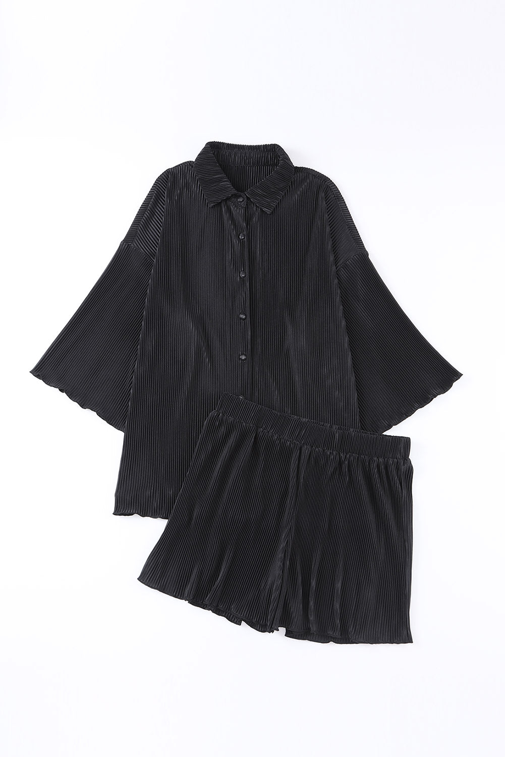 Black 3/4 Sleeve Pleated Plus Size Homewear Shorts Set