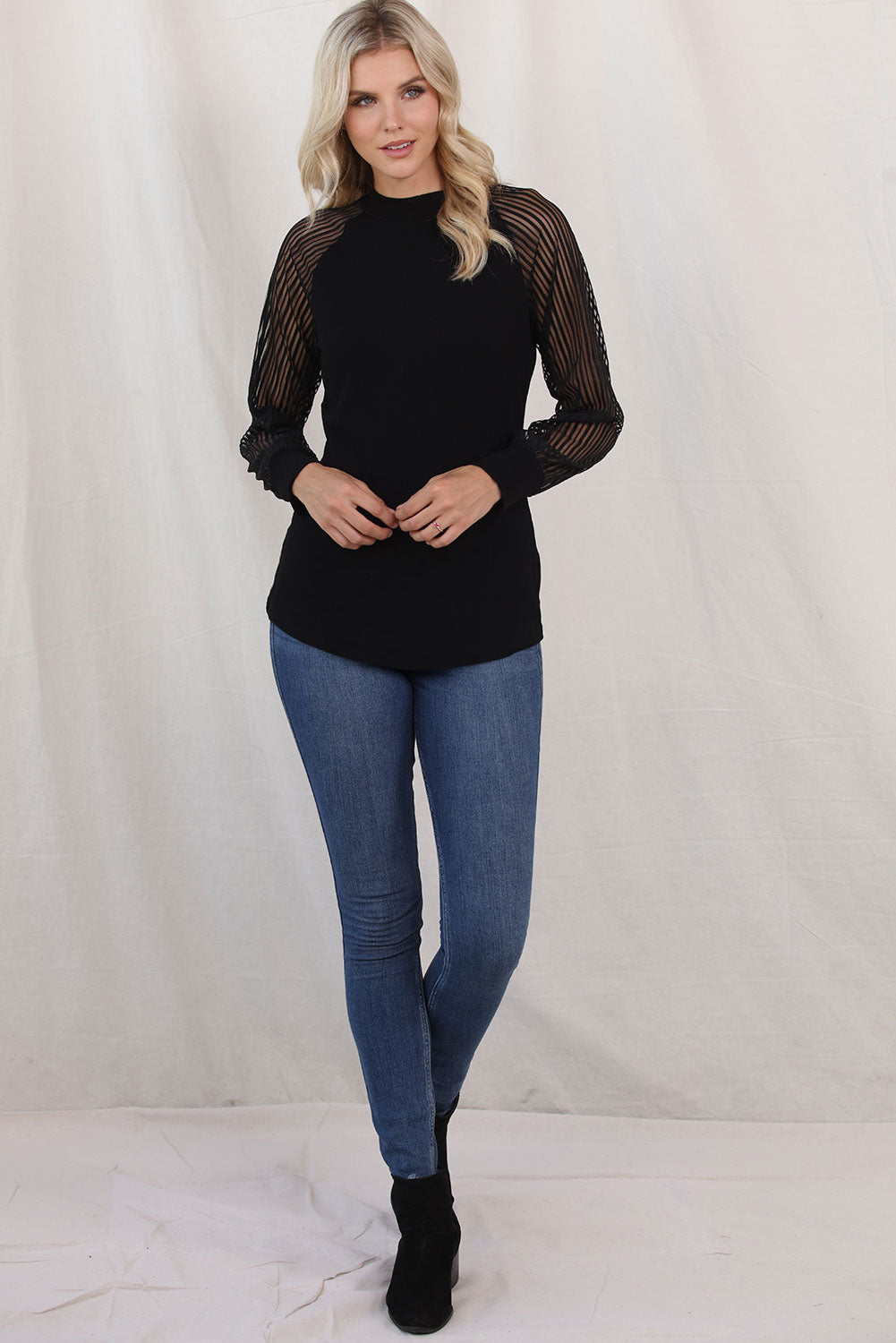 Black Ribbed Knit Sheer Striped Sleeve Plus Size Top