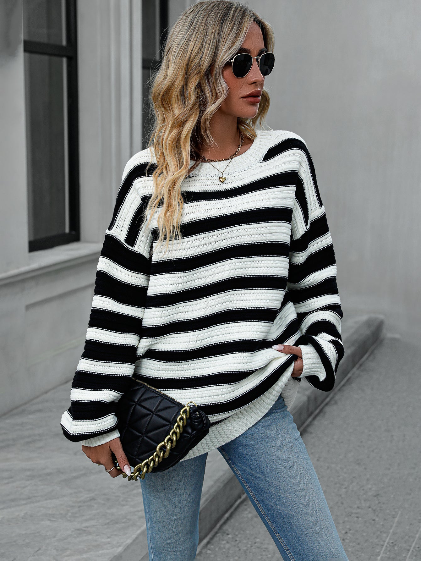 Striped Knitted Crew Neck Pullover Sweater