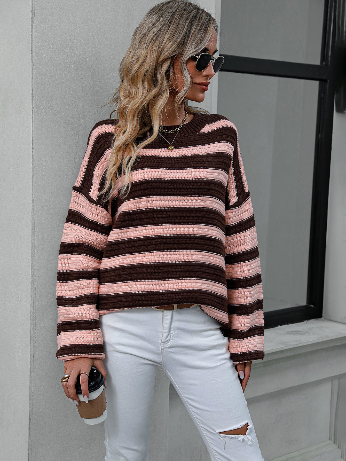 Striped Knitted Crew Neck Pullover Sweater