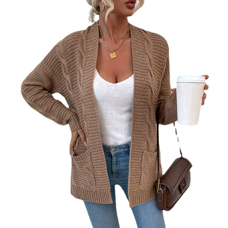 Sweater Women Autumn Winter New  Twist Mid-Length Pocket Knitted Cardigan Coat