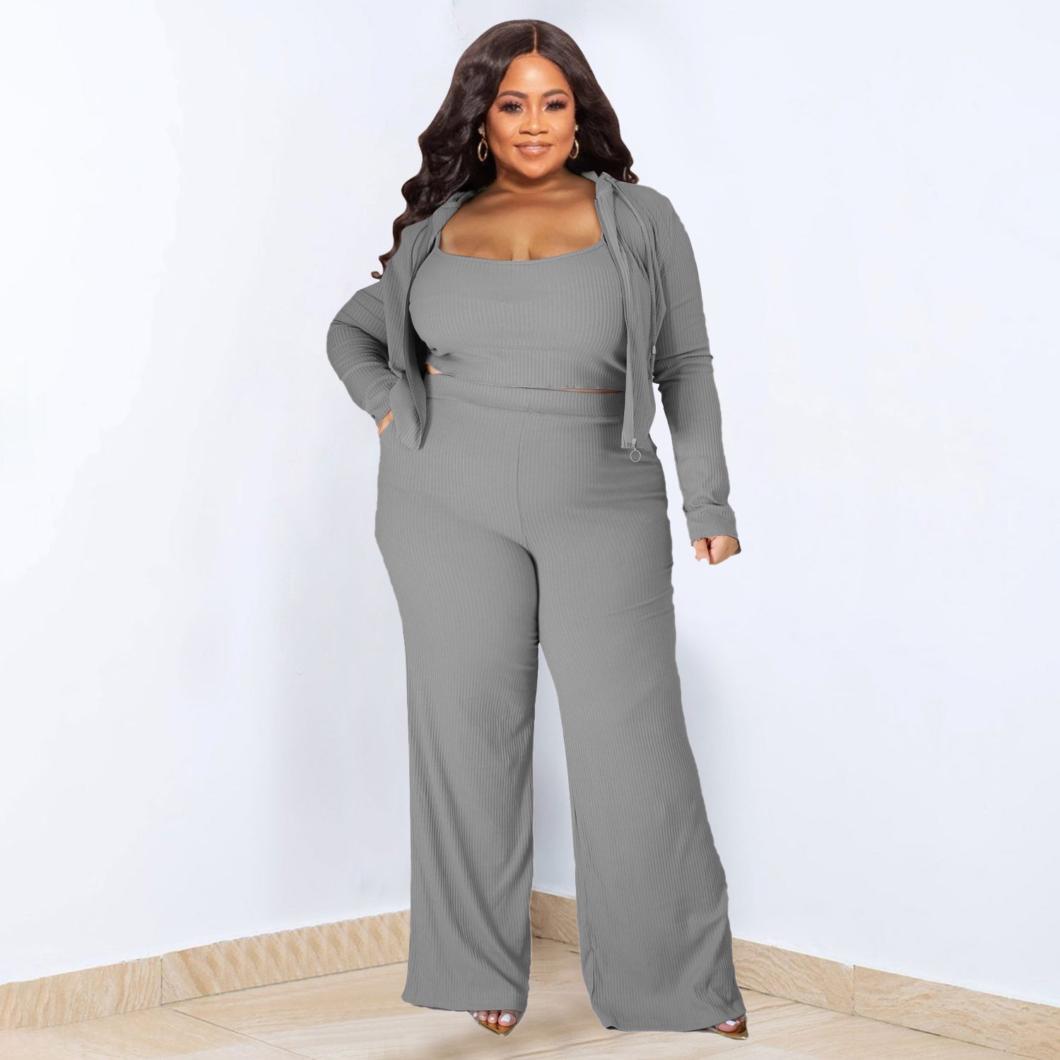 Plus Size Solid Color Three Piece Sporty Set