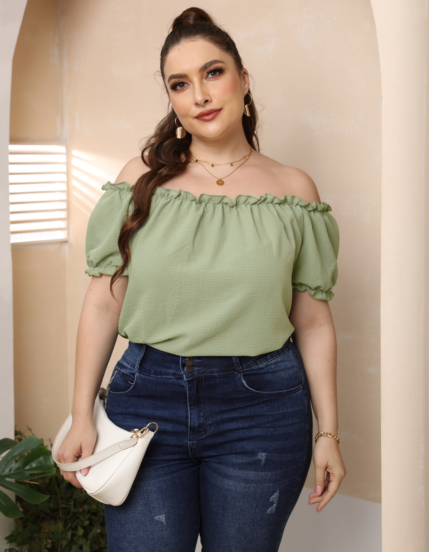 Plus Size Ruffled off-Shoulder Casual Shirt