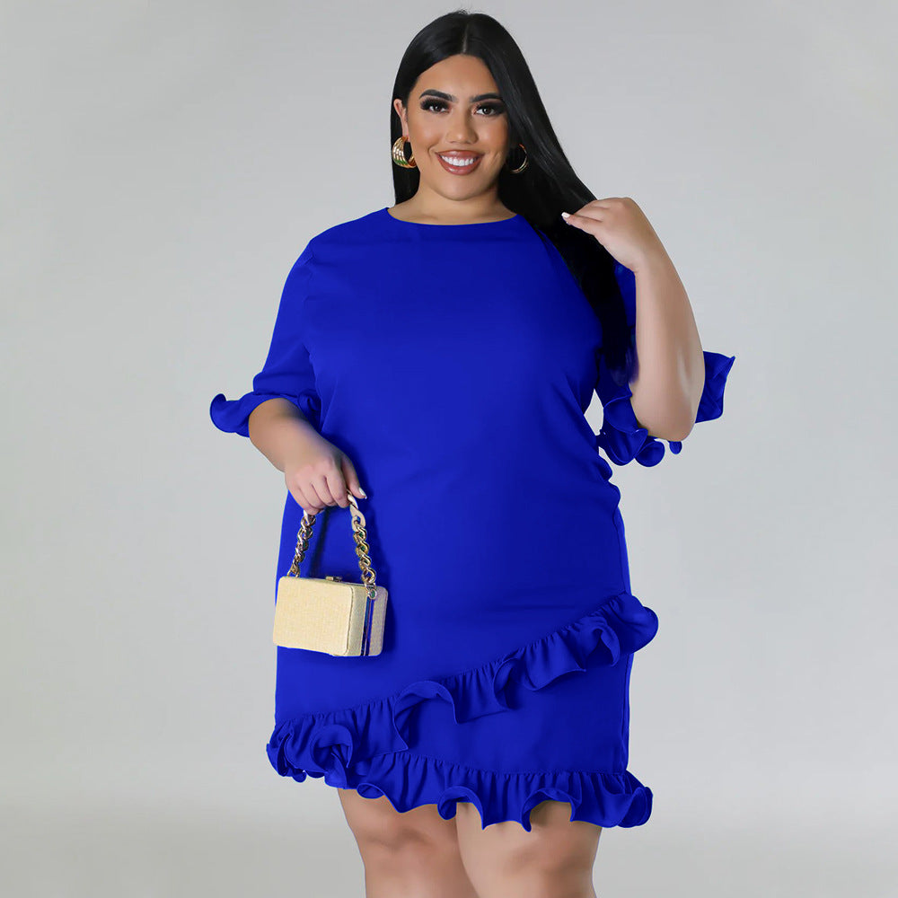 Plus Size Round Neck Ruffled Casual Dress