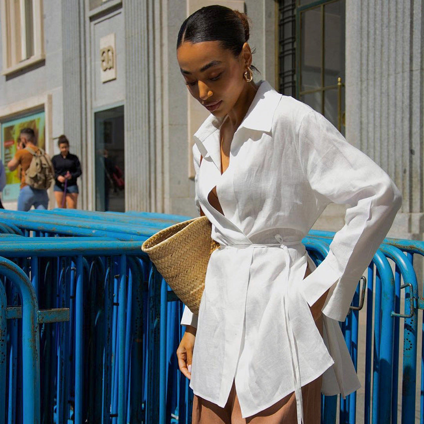 White Linen Long Sleeved Wrap Shirt