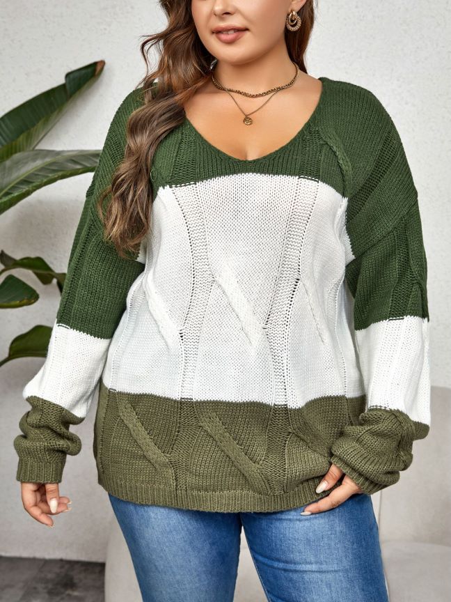 Plus Size Color Block Crew Neck  Sweater