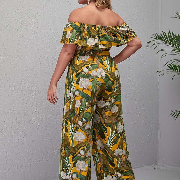 Plus Size Floral Off the Shoulder Wide Leg Jumpsuit