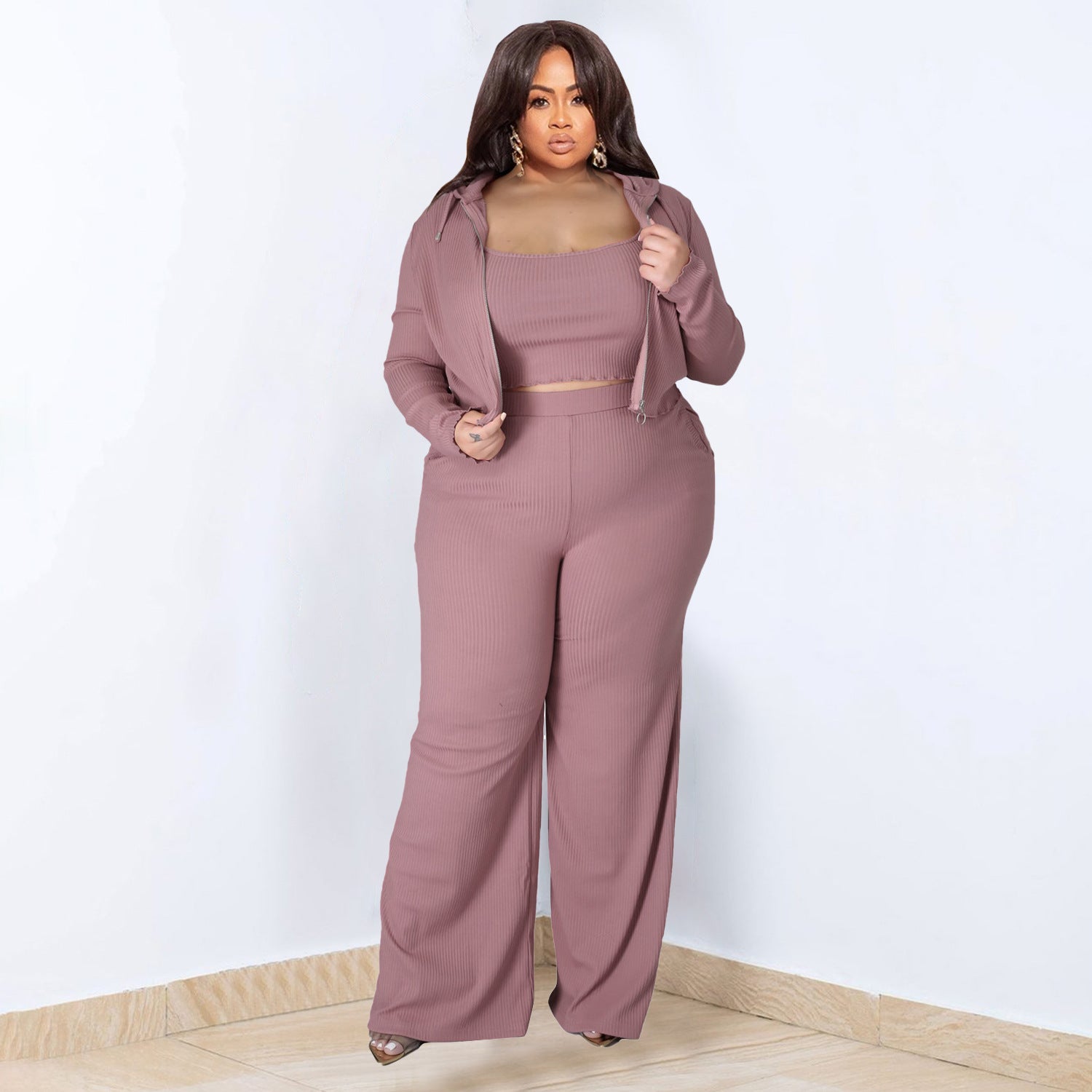 Plus Size Solid Color Three Piece Sporty Set