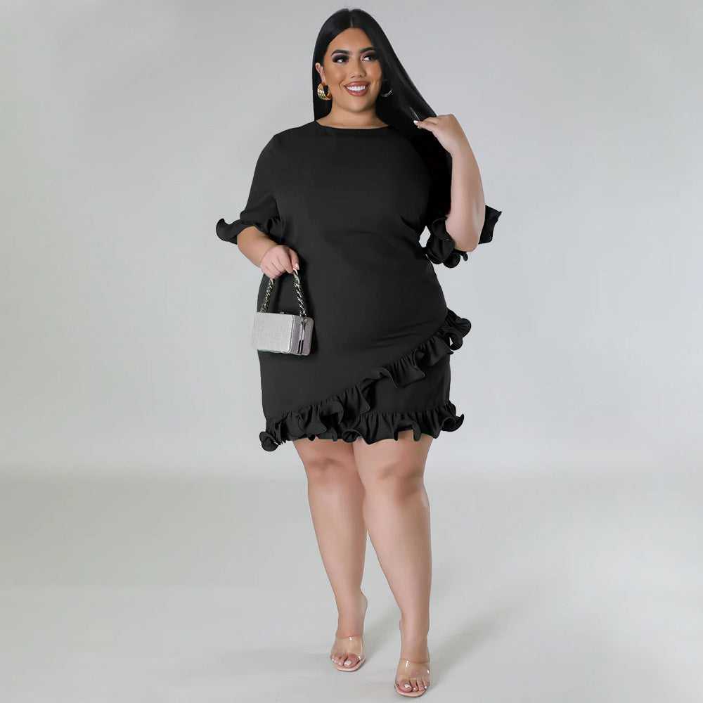 Plus Size Round Neck Ruffled Casual Dress