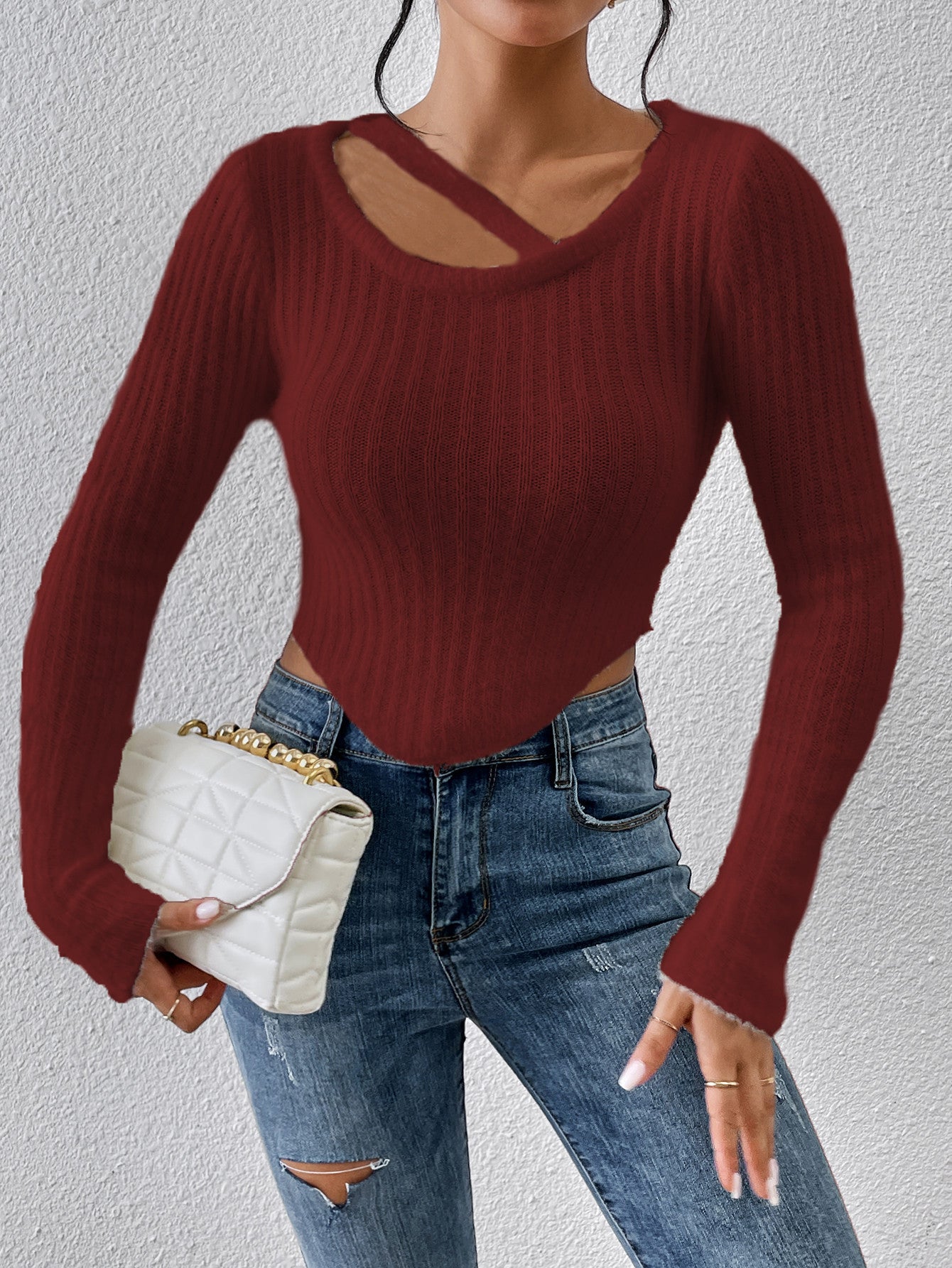 Asymmetric Hem Slim Fit Cropped Sweater