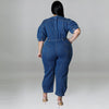 Plus Size Short Sleeve Zipper Wash Denim Jumpsuit