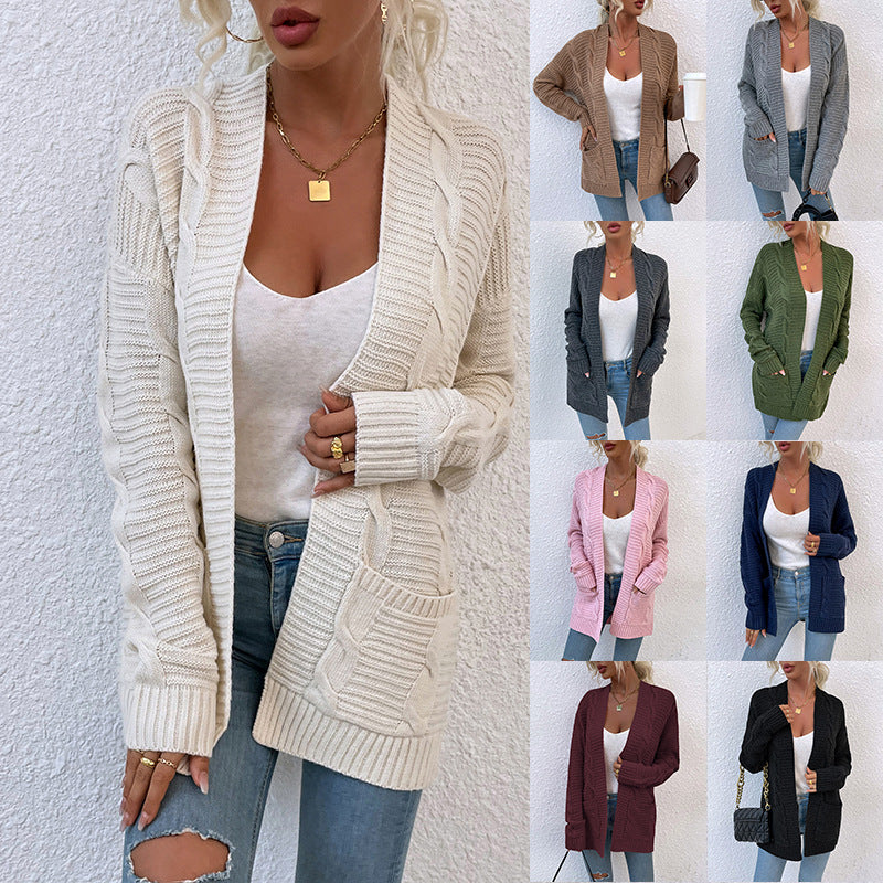 Sweater Women Autumn Winter New  Twist Mid-Length Pocket Knitted Cardigan Coat