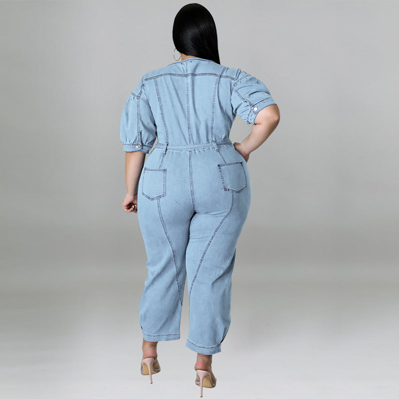 Plus Size Short Sleeve Zipper Wash Denim Jumpsuit