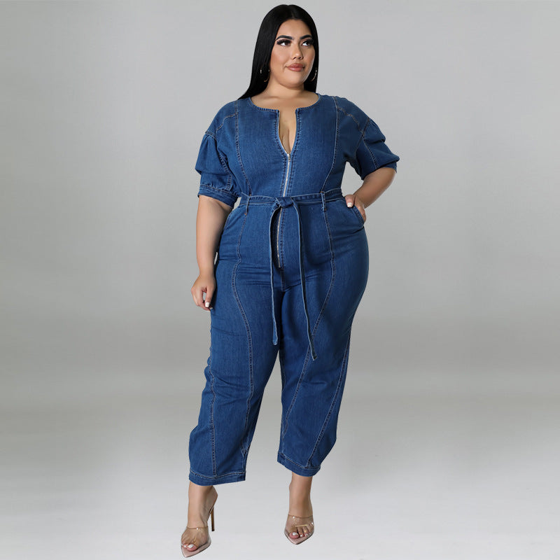 Plus Size Short Sleeve Zipper Wash Denim Jumpsuit